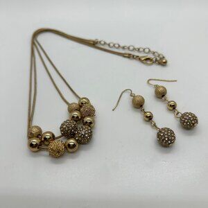Gold Tone Necklace Earrings Set 2 Strand Statement Jewelry Metallic Ball Chunky